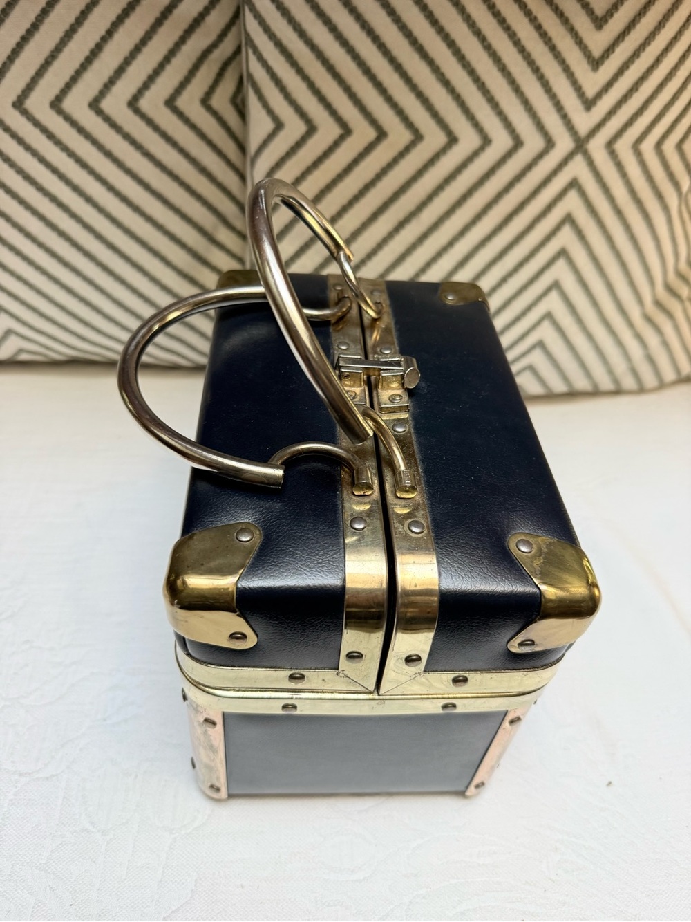 Vintage 40’s 50’s Dellil Black Travel Trunk Mini Handbag With Brass Metal Handle